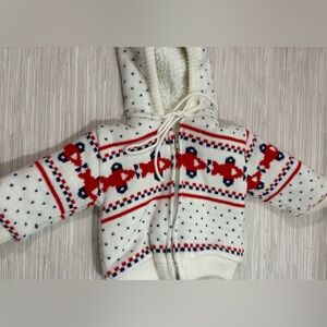 TINY TOTS 12 MONTHS ✨VINTAGE airplane Infant Cozy White+ Red Knit Hoodie Sherpa